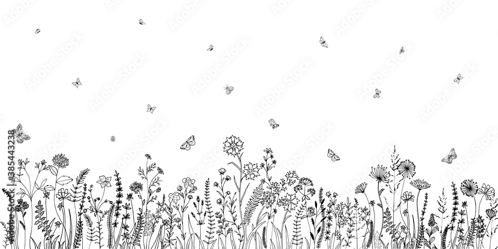 Wildflowers and grasses with various insects. Fashion sketch for various design ideas. Monochrom print. - obrazy, fototapety, plakaty 