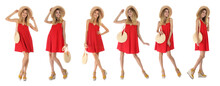 Collage With Photos Of Woman In Red Dress On White Background. Banner Design