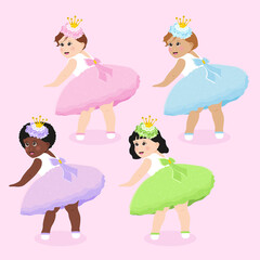 Wall Mural - Vector set of multi-ethnic little baby girls in pretty dress