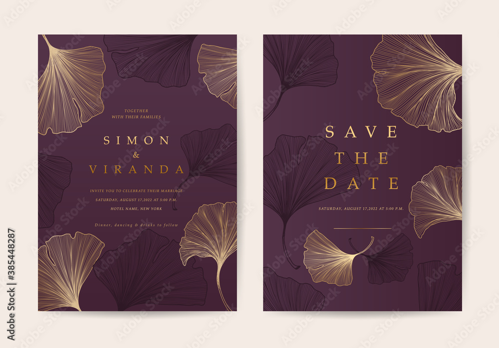 Texture Invite Card Luxury wedding invite cards with Gold Ginkgo texture line arts. Save ...