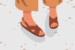 Fashionable woman street strap sandals. Female feet in stylish elegant flat sole open toe footwear. Pair of summer street style brown footgear. Vector cartoon illustration