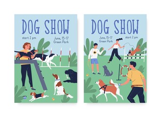 Advertising posters for dog agility show. Cynologist training performance at playground. Vertical placards for pet competition. Scene with trained puppies. Vector illustration in flat cartoon style