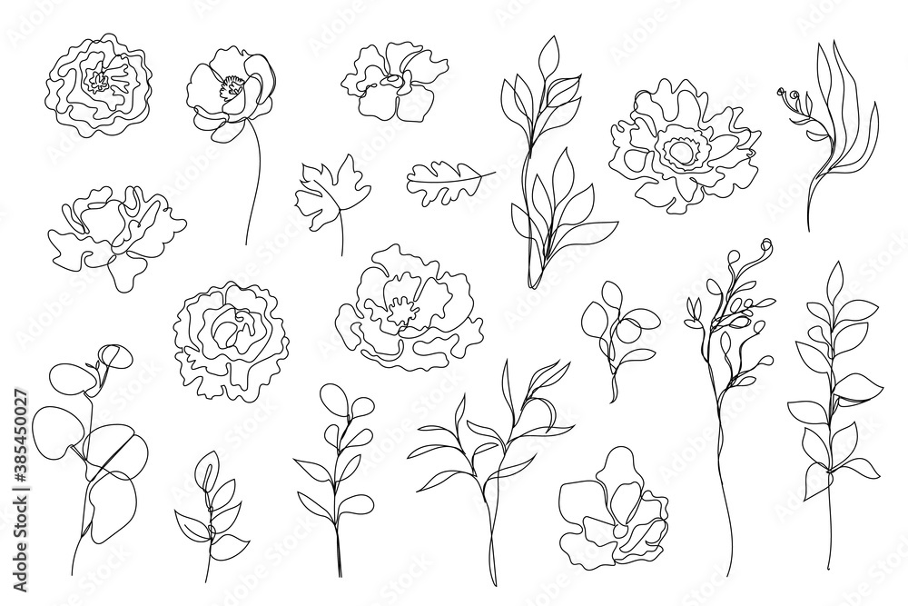 Vector set of hand drawn, single continuous line flowers, leaves. Art ...