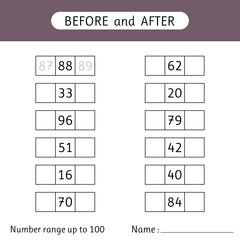 Wall Mural - Fill in the missing numbers. Before and after. Number range up to 100. Mathematic. Worksheets for kids. School