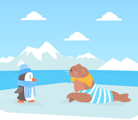 Poster - North Pole Arctic Animals on Polar Landscape, Cute Seal and Penguin Characters Cartoon Vector Illustration