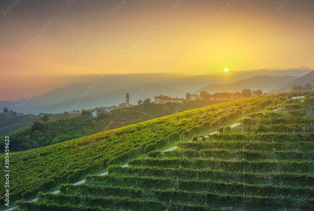 Prosecco Hills, vineyards and San Pietro di Barbozza village. Valdobbiadene, Veneto, Italy - obrazy, fototapety, plakaty 