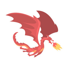 Sticker - Red Dragon Fairytale Animal with Wings Cartoon Style Vector Illustration