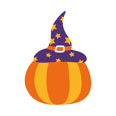 Sticker - halloween pumpkin with witch hat flat style icon