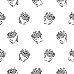 Vector pattern of French fries in black and white. Drawn by hand. Fast food. Menu.