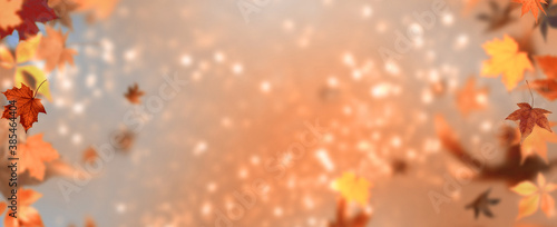 Fotografía Herbstliches Banner mit flatterndem Herbstlaub vor unscharfem Hintergrund und Li