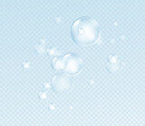 Fototapeta  - Realistic soap bubble isolated on transparent background. Real transparency effect. Water foam bubbles set. Vector illustration