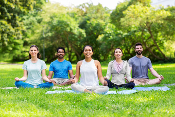 Sticker - fitness, sport, yoga and healthy lifestyle concept - group of happy people meditating in lotus pose at summer park