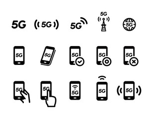 5G（第5世代移動通信システム）のシンプルなアイコンのセット／スマホ／スマートフォン／インターネット