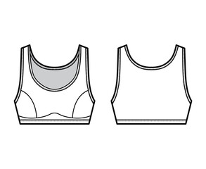 Wall Mural - Sport Bra lingerie top technical fashion illustration with wide shoulder straps. Flat brassiere template front, back white color style. Women men unisex athletic stretch underwear CAD mockup