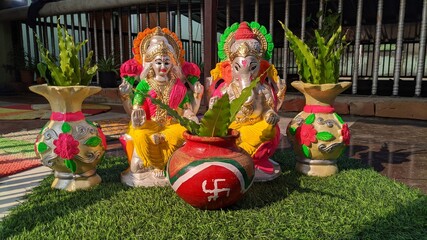 Beautiful statue of Mata Durga and Lord Ganesha. Sculpture of goddess durga