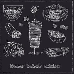 Wall Mural - Donner kebeb cuisine Menu doodle icons on chalkboard. Vector illustration