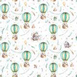 Watercolor seamless birthday pattern with air balloon and cute bear , hippo and elephant animals. Texture for wallpaper, packaging, scrapbooking, fabrics, textiles, children's design and clothing.
