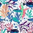 © Анна Якунина - Underwater Creature and Marine Life with Fish and Sea Weeds Seamless Vector Pattern