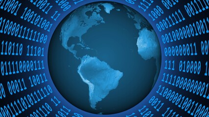 Earth globe inside a virtual cylinder made of binary code - graphic elements in blue color - 3D illustration