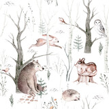 Fototapeta Dziecięca - Watercolor Woodland animal Scandinavian seamless pattern. Fabric wallpaper background with Owl, hedgehog, fox and butterfly, rabbit forest squirrel and chipmunk, bear and bird baby animal,