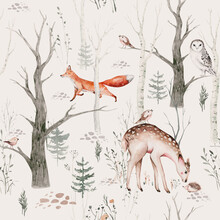 Watercolor Woodland Animal Scandinavian Seamless Pattern. Fabric Wallpaper Background With Owl, Hedgehog, Fox And Butterfly, Rabbit Forest Squirrel And Chipmunk, Bear And Bird Baby Animal,