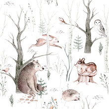 Watercolor Woodland Animal Scandinavian Seamless Pattern. Fabric Wallpaper Background With Owl, Hedgehog, Fox And Butterfly, Rabbit Forest Squirrel And Chipmunk, Bear And Bird Baby Animal,