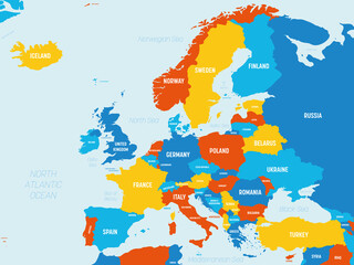  Europe map - 4 bright color scheme. High detailed political map of european continent with country, ocean and sea names labeling