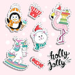 © Lucky Project - Christmas sticker collection with funny animals on pink isolated background. Flamingo, Penguin, Christmas Polar Bear, Unicorn