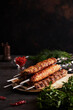 Assorted different types of kebabs: beef, pork, chicken. National Caucasian dish. Close up on dark background