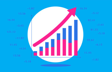 Poster - Stock market rising graph vector illustration - Chart with arrow pointing upward, numbers and investment gains in background. 