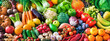 Panoramic food background with assortment of fresh organic fruits and vegetables