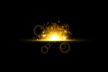 Wall Mural - Shining golden stars isolated on black background. Effects, glare, lines, glitter, explosion, golden light. Vector illustration.