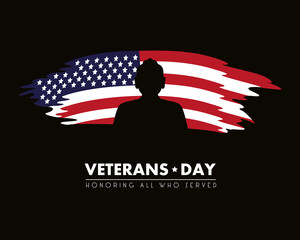 Wall Mural - happy veterans day lettering with usa flag painted and soldier silhoeutte