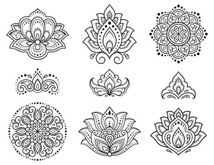 Set of Mehndi flower pattern and mandala for Henna drawing and tattoo. Decoration in ethnic oriental, Indian style. Doodle ornament. Outline hand draw vector illustration.