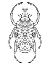 Bug Decorated With Indian Ethnic Floral Vintage Pattern. Hand Drawn Decorative Insect In Doodle Style. Stylized Mehndi Ornament For Tattoo, Print, Design For Room, Cover, Book And Coloring Page.