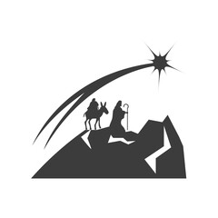 Canvas Print - nativity, mary on donkey with joseph looking star in the sky, traditional celebration religious