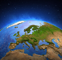 Wall Mural - surface of the planet earth viewed from a satellite, focused on europe. physical map of european cou