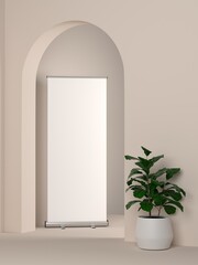 Wall Mural - roll up banner stand mockup in geometric room, 3d rendering.