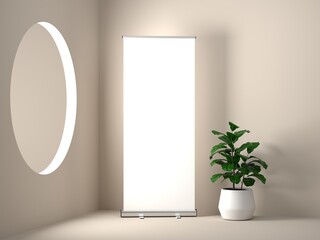Wall Mural - roll up banner stand mockup in geometric room, 3d rendering.