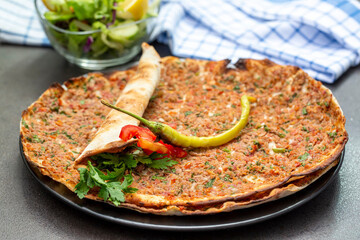 Wall Mural - Traditional delicious Turkish foods; Lahmacun (Turkish pizza)