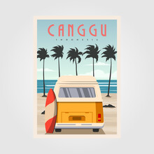 Canggu Beach With Vintage Car Background Design, Surfing Poster Vintage Illustration Design.
