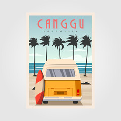 Canvas Print - canggu beach with vintage car background design, surfing poster vintage illustration design.