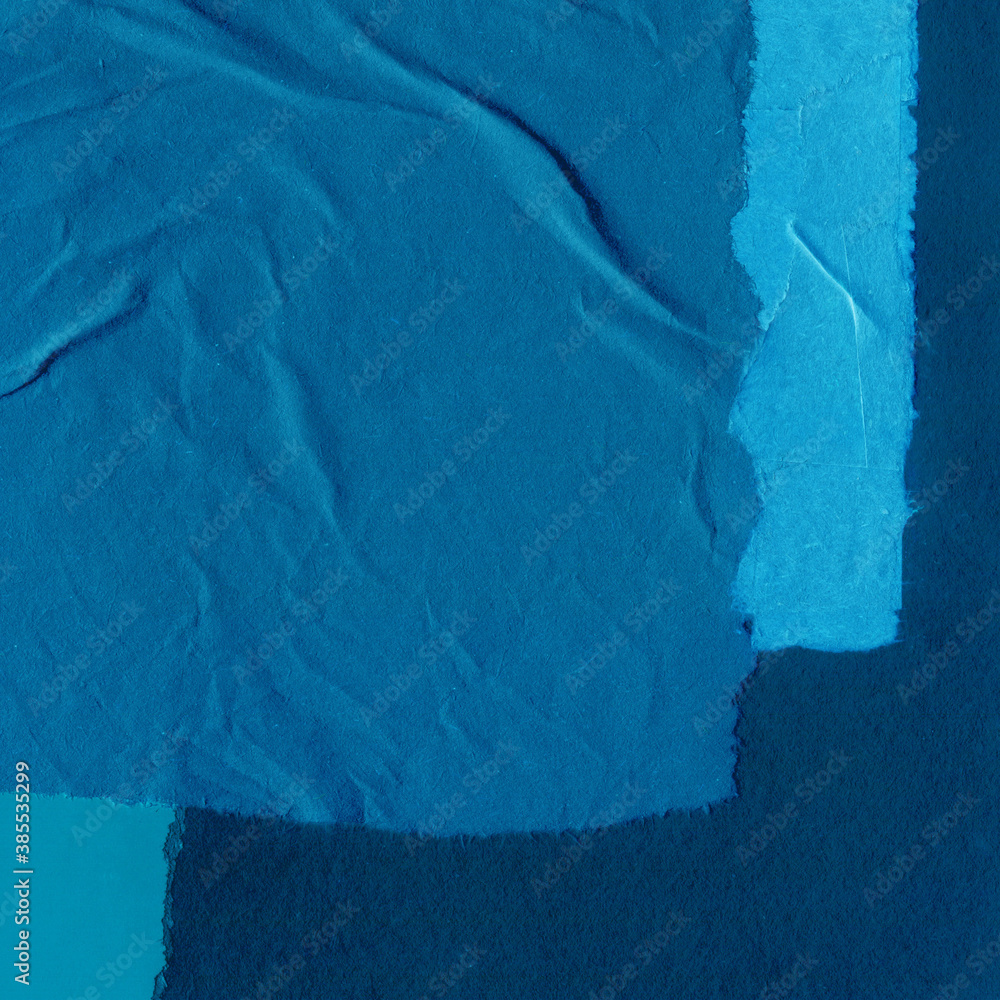 Bluee Ripped Paper Blue torn paper collage close-up. Texture made from various paper and ...