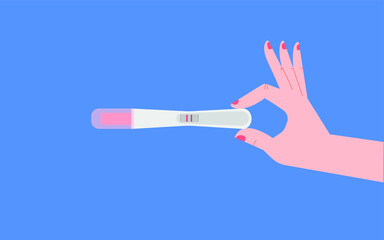 Female hand is holding a pregnancy test with positive result as a two lines. Colored flat vector illustration