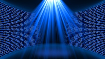 Abstract data flow background - bright blue shining light beam in the shape of a cone in front of a virtual studio wall of binary code glowing in blue color - 3D illustration