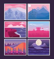 Wall Mural - landscapes sunset night rocky ocean anture collection icons