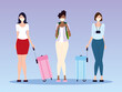 © djvstock - airport new normal, group women characters with masks and suitcases