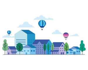 Wall Mural - City houses with hot air balloons trees and clouds design, architecture and urban theme Vector illustration