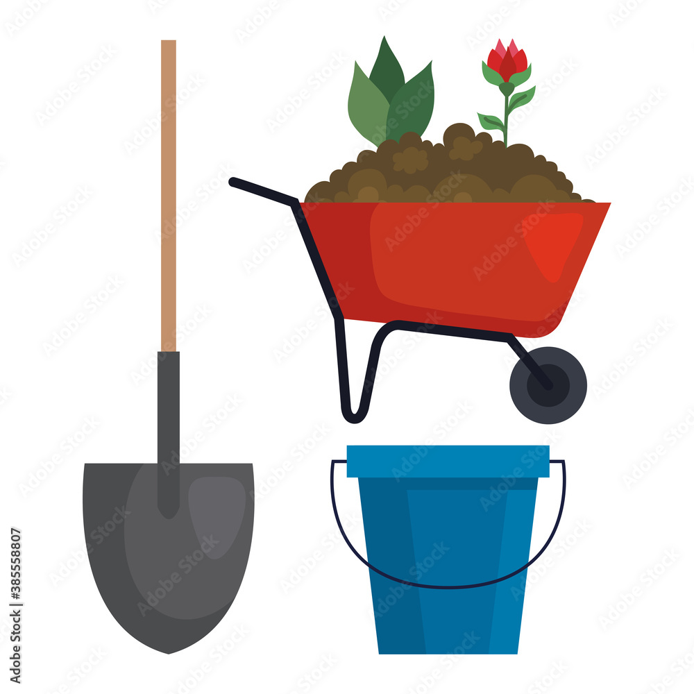 Gardening shovel wheelbarrow and bucket design, garden planting and nature theme Vector illustration - obrazy, fototapety, plakaty 