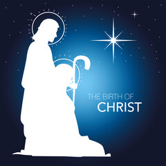 Wall Mural - nativity, white silhouette joseph and mary with shining star blue background